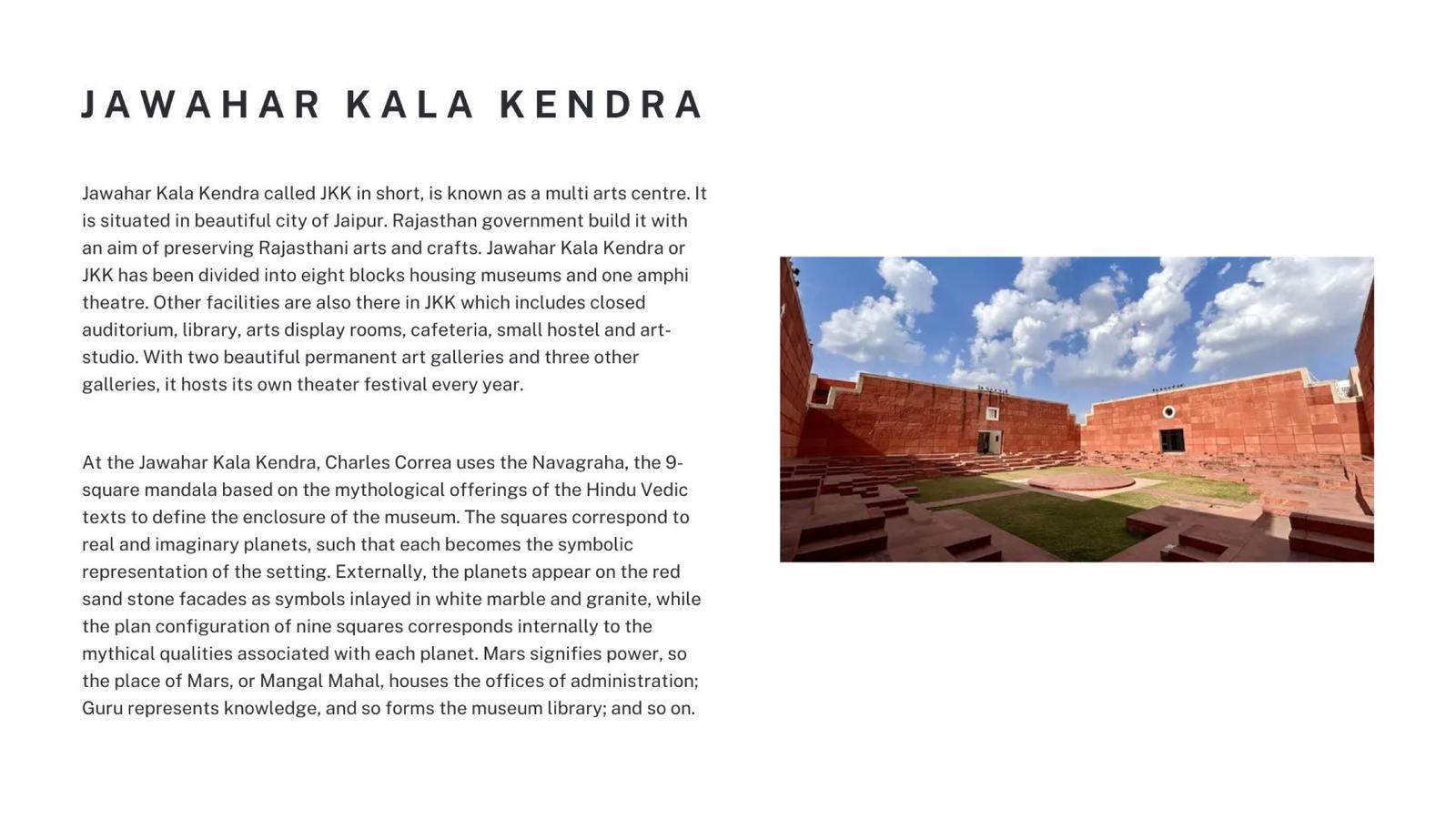 Catching the Green Ray — board on Jawahar Kala Kendra, with a photograph of Charles Correa’s red sandstone architecture
