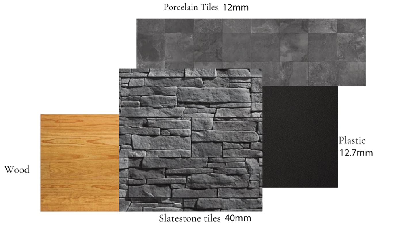 Material palette for the health-club washroom: 12mm porcelain tiles, 40mm slatestone tiles, wood, and 12.7mm plastic, laid out as overlapping labelled samples.
