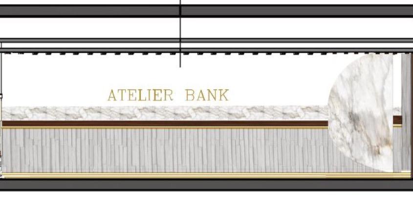Sectional elevation of the Atelier Bank feature wall, with the bank’s name in gold lettering above marble and fluted stone panelling.