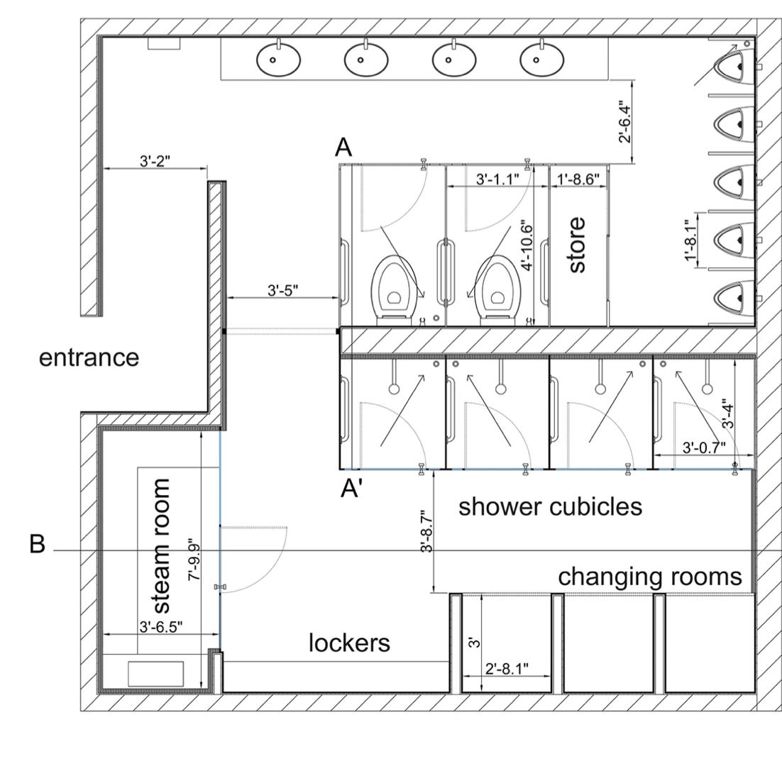 Dimensioned 1:20 floor plan of the male washroom: entrance, WCs, urinals, showers, changing rooms, lockers, and steam room, every dimension string printed.