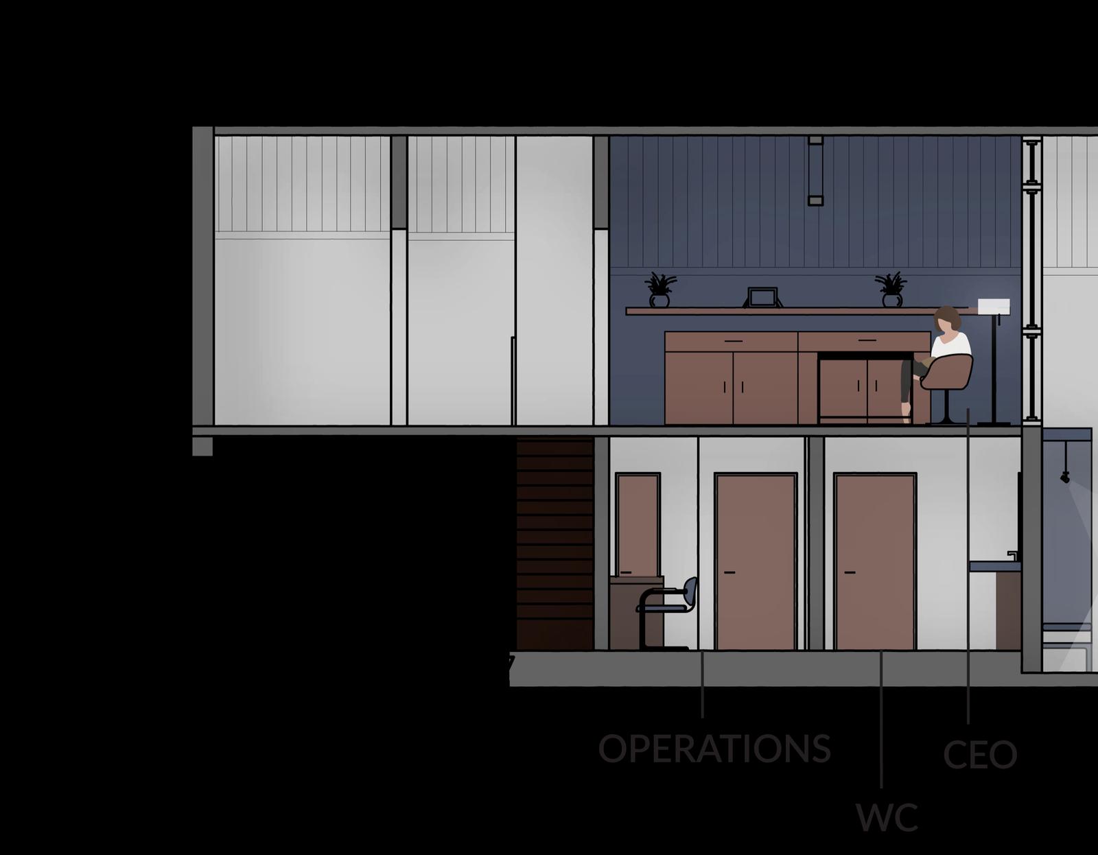Detail of Section CC′ of Sej & Rhythm: the Operations, WC and CEO rooms and stair beneath the mezzanine workspace, with printed heights of 9′-9.9″ and 7′-3″.
